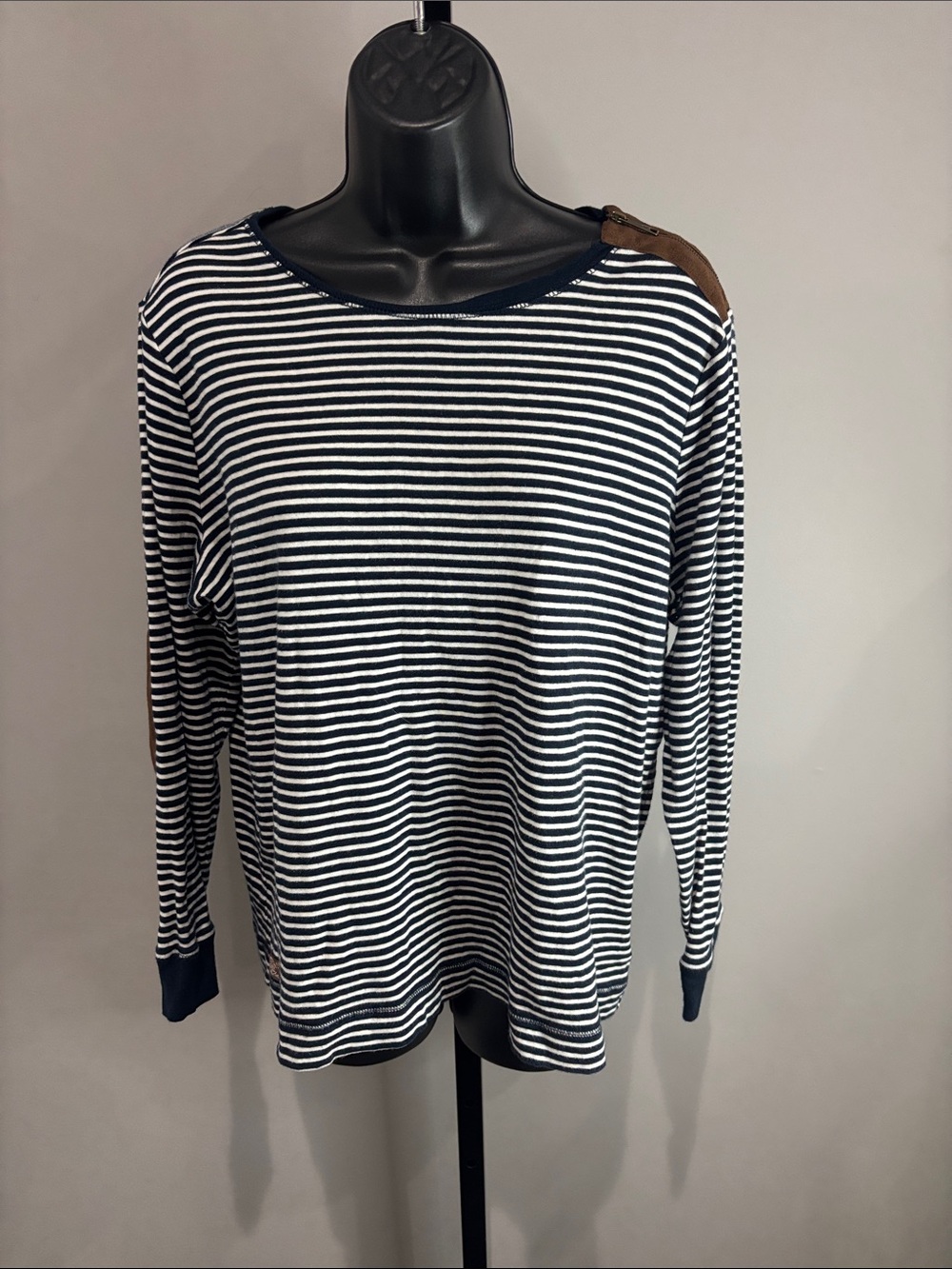 Lauren Ralph Lauren Navy and White Striped Top with Leather Logo Patch Size 1X